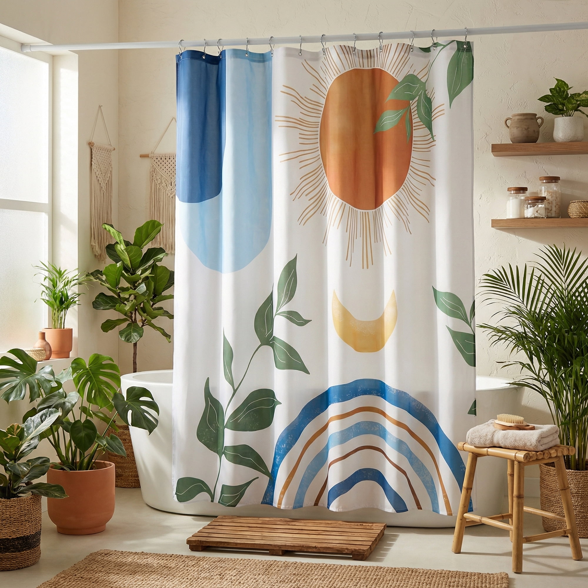 Unique Bargains Leaf Print Shower Curtain Bohemian Waterproof Set Blue Orange 71"W x 71"L