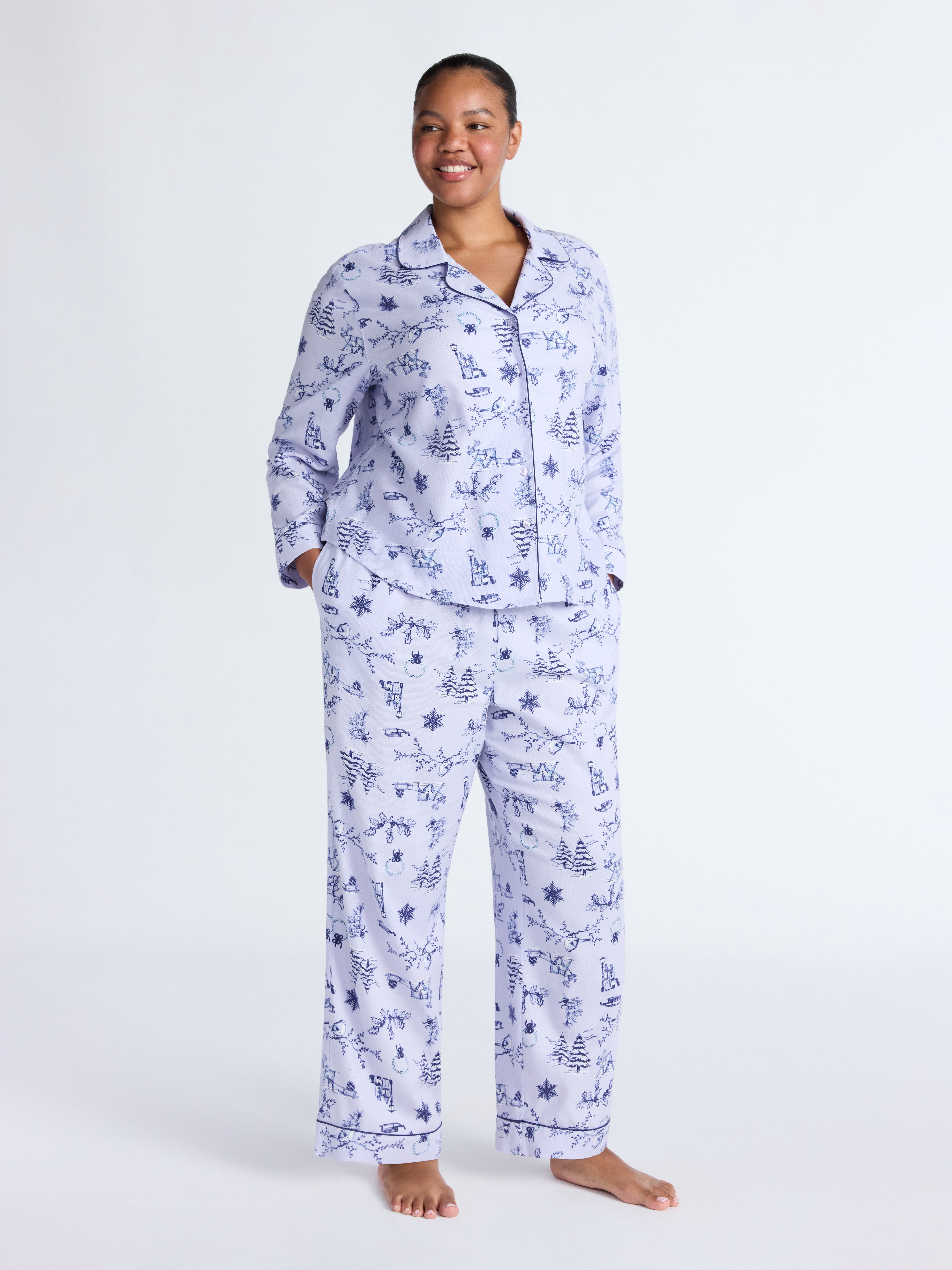 Joyspun Women's Long Sleeve Flannel Sleep Top and Pants Pajama Set, 2-Piece, Sizes XS-3X