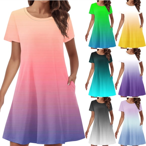 Sentmoon Sundresses Short Sleeve Gradient Color Breathable Cocktail Dresses Summer 2026 with Pockets Travel Regular Fit Crew Neck Slip Dress for Work and Office Black XXXL