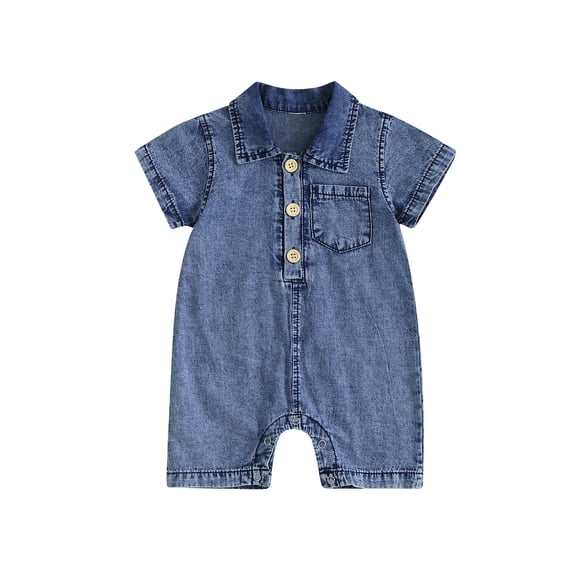 BemeyourBBs Baby Denim Jumpsuit Short Sleeve Lapel Button Up Solid Color Romper
