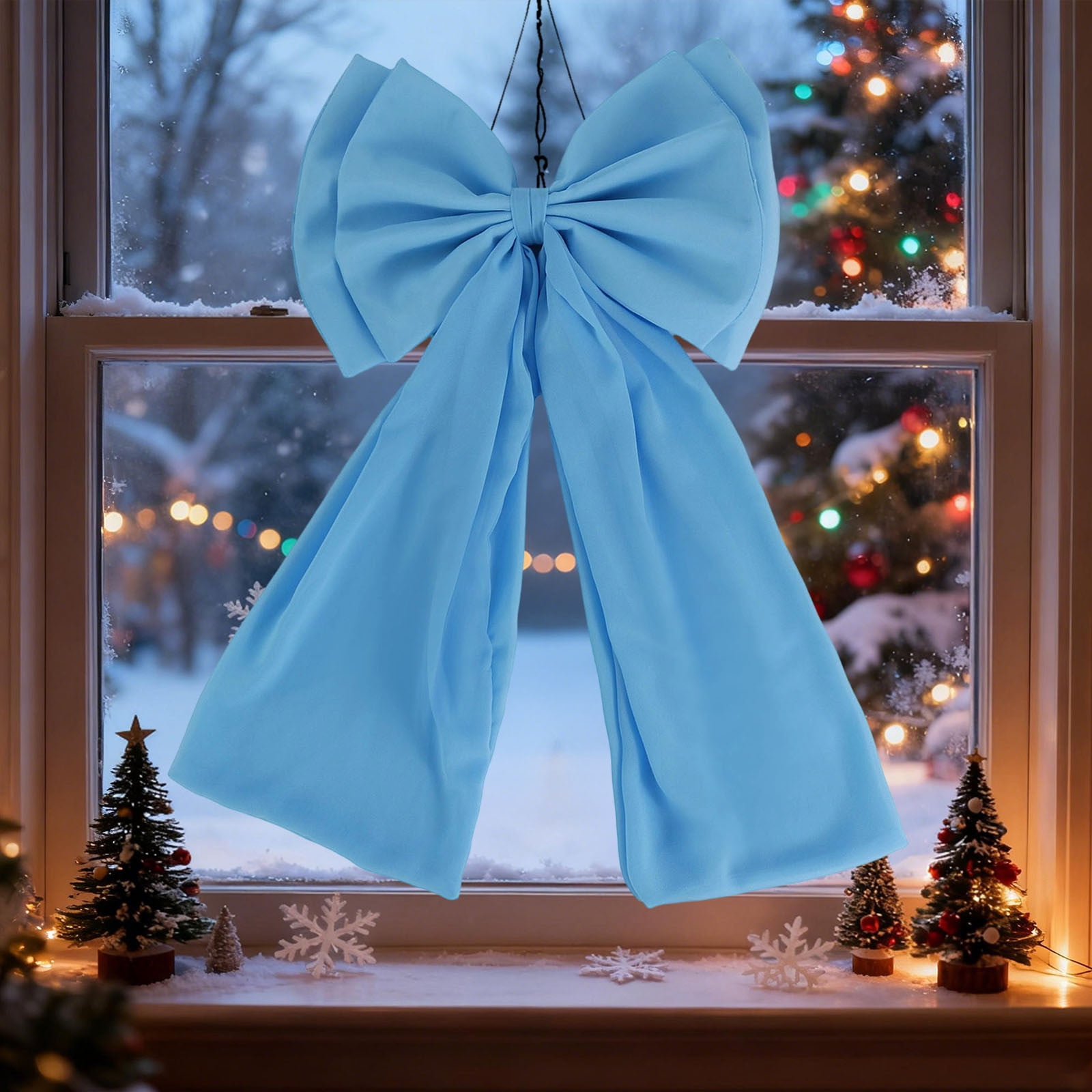 Blue Festive Oversized Bow With Double Layer Design For Christmas Tree Or Banister Decoration Chiffon Material Hanging Ornament