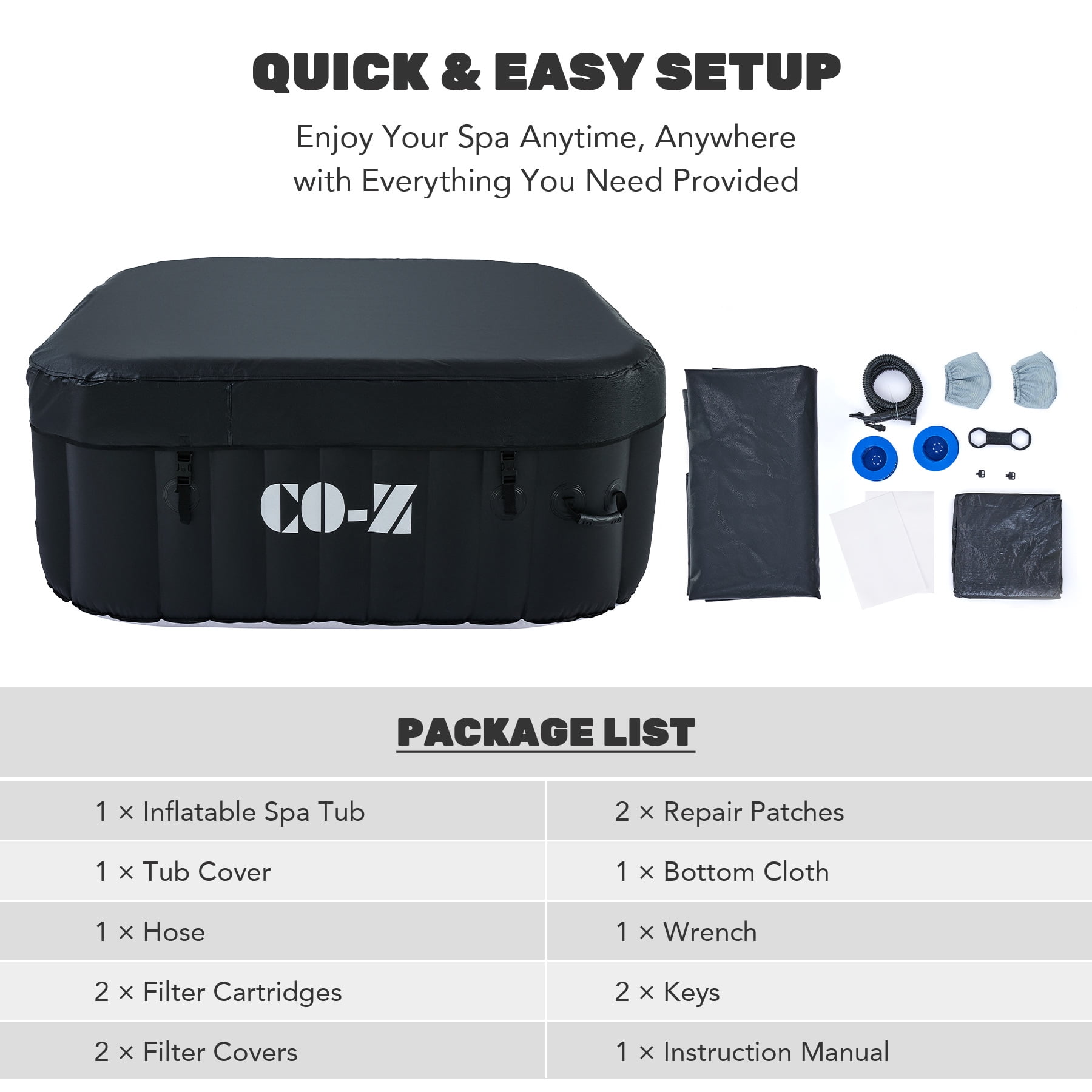 CO-Z 4 Person Portable Bathtub 5x5ft  w 120 Jets & 1200W Heater for Outdoor Spa & More Black