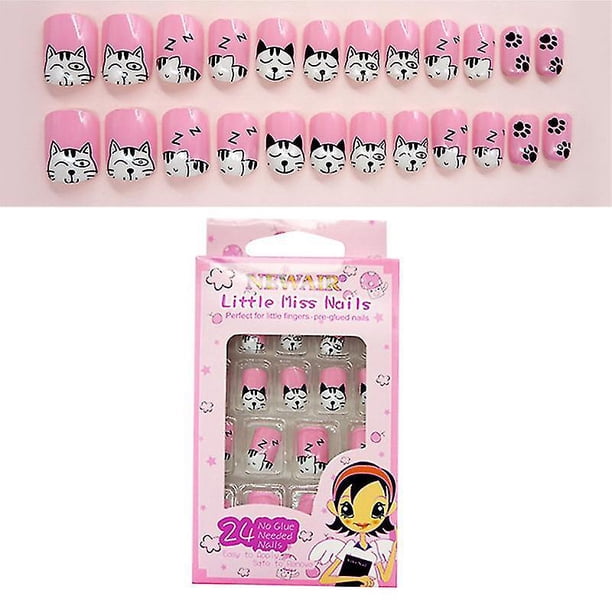 1 paquete de 24 Uds. De puntas postizas para decoración de uñas para niños, cubierta completa de uñas postizas, puntas artificiales, diseño de dibujos animados ShuxiuWang 8390613599315
