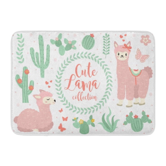 GODPOK Cute Lama Objects Collection with Llama Cactus Lovely Flowers White Alpaca Princess Character Kids Baby Rug Doormat Bath Mat 23.6x15.7 inch