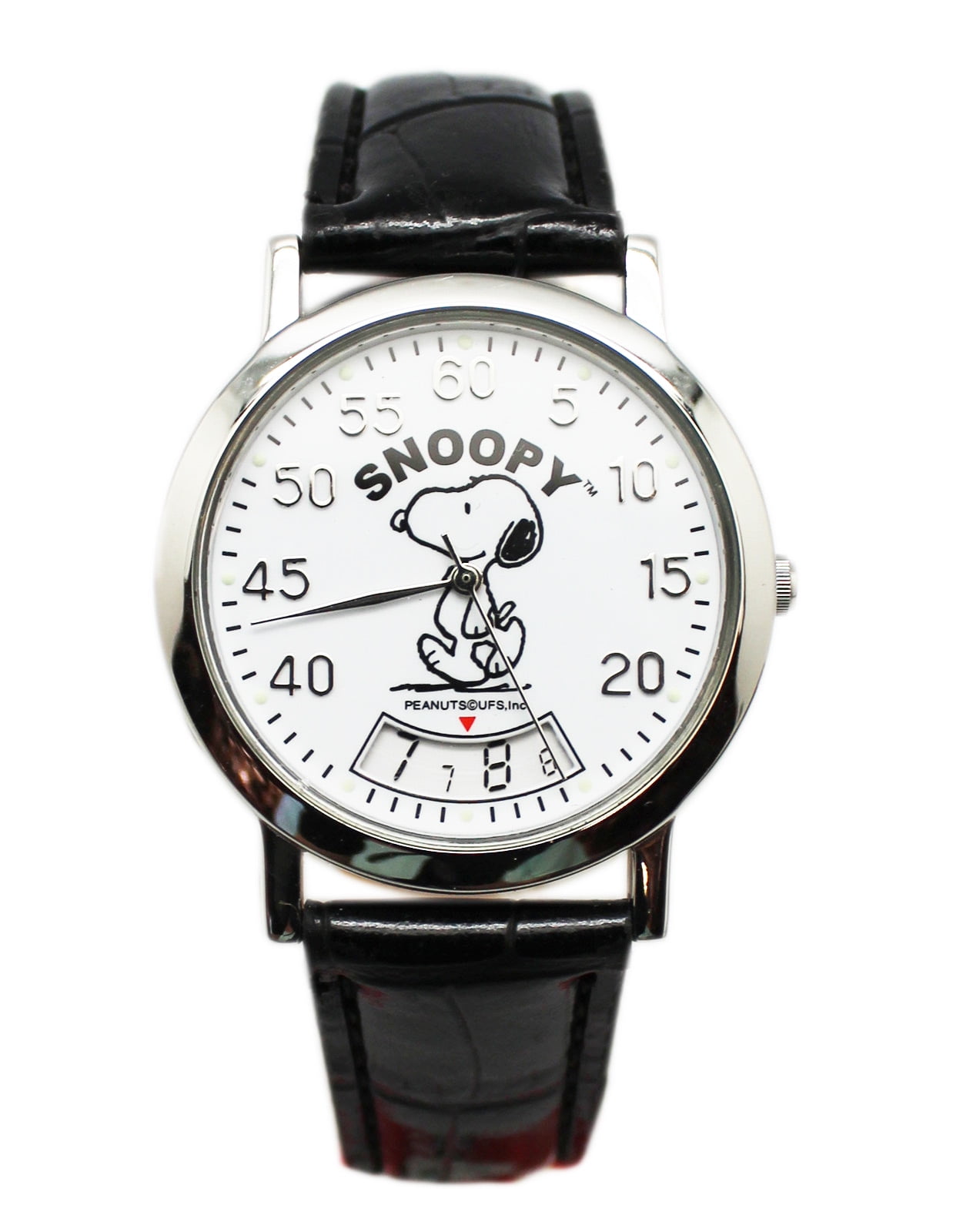 Snoopy White Dial Face Minute Counter Watch w/Black Faux Leather Band ...