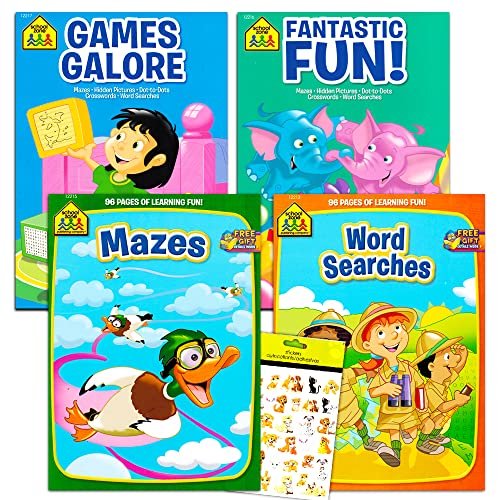 School Zone Activity Book Set Kids— 4 libros con pegatinas de recompensa (laberintos, cone School Zone Workbooks School Zone Workbooks