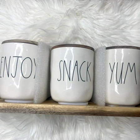 

Rae Dunn 4 Piece Set ENJOY SNACK YUM in Ivory in Black LL lettering with Wooden Lids and Tray