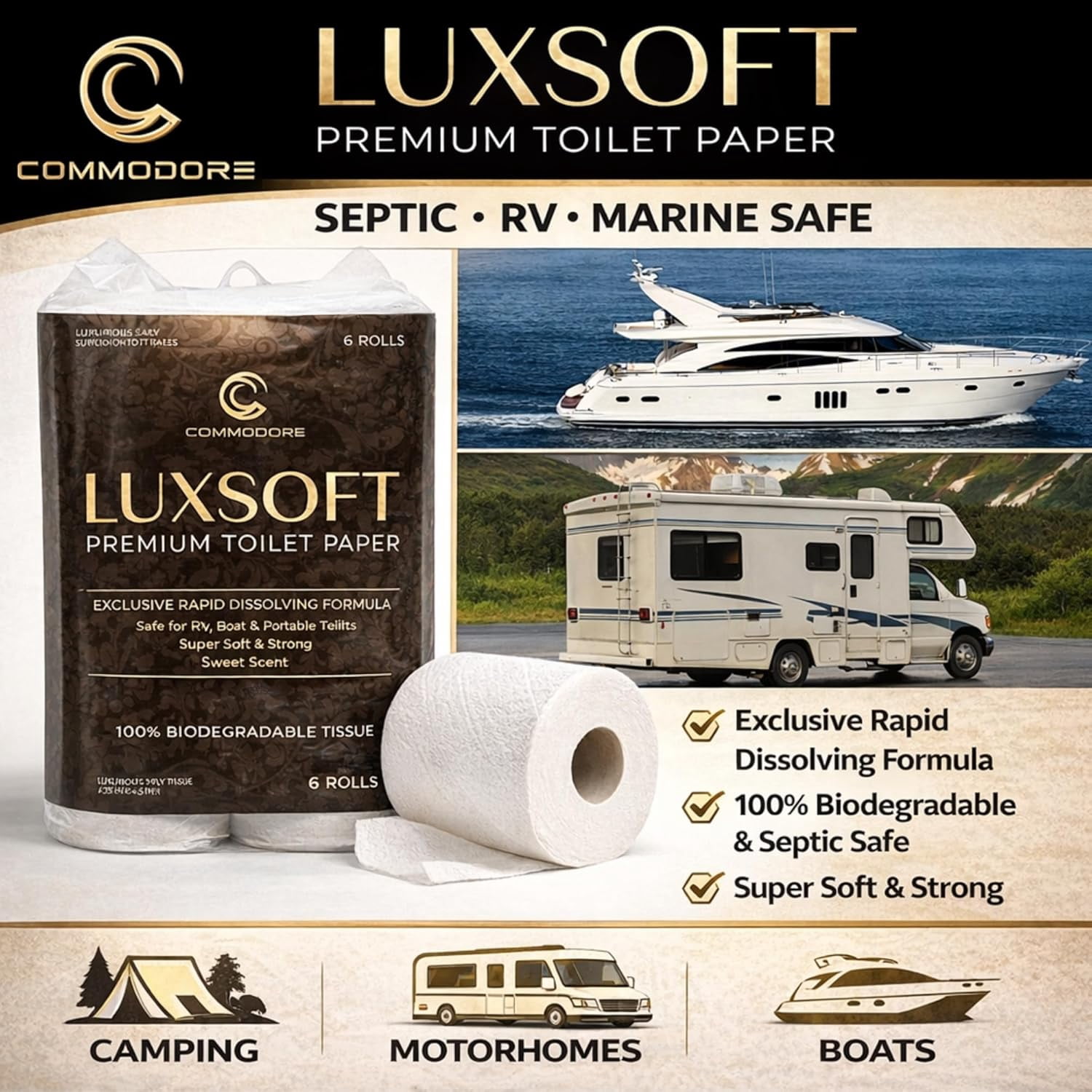 LUXSOFT Deluxe RV Toilet Paper (6 Rolls) - 3 Ply Premium Soft Quick Dissolving Septic Safe Marine 300 Sheets/Roll Boat Camper Bath Tissue Luxury Absorbent Comfort White | Quick Dissolving