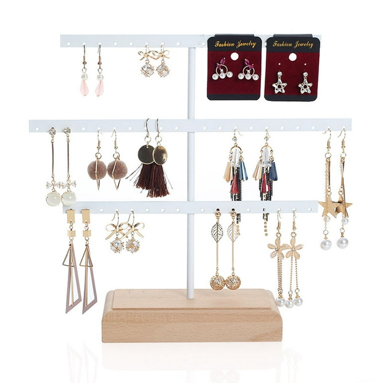 Emibele Wood Earring Display for Selling, 3-Tier Jewelry Display Stand for Vendors with 50 Earring Cards, Portable Earring Ring Organizer Holder