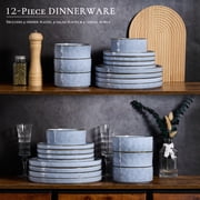Vesteel Dinnerware Sets, 12-Piece Stoneware Plates and Bowls Set, Dishes Set for 4, Elegant Ceramic Dinnerware for Home Restaurant - Uranus Blue