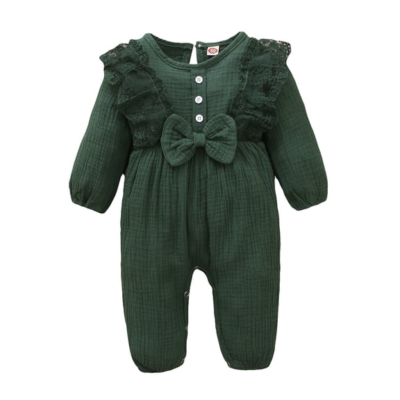 Mikrdoo Newborn Baby Girls Romper 6 Months Baby Girls Jumpsuit 12 Months Baby Girls Long Sleeve Solid Color Bow Round Neck Romper,Green