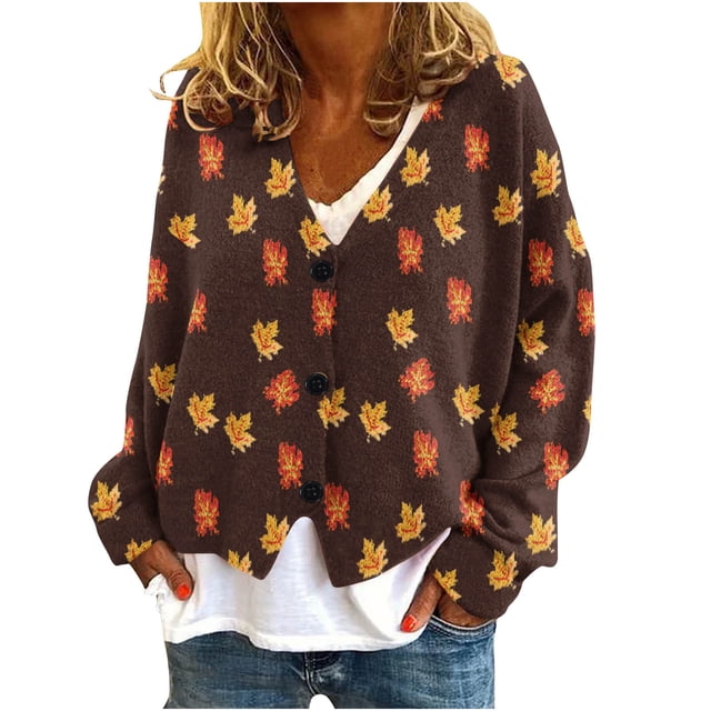 Puntoco Chaqueta De Punto Informal Con Estampado De Hojas Para Mujer, Chaqueta Con Botones, Abrigo De Felpa, Para Otoño E Invierno