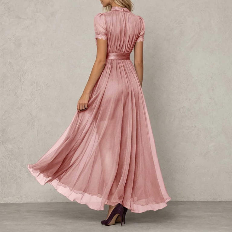 spring maxi formal dress Karymi Dresses Chiffon Dress, Lace Trim Mock Neck Keyhole Puff Short Sleeve Satin Waistband Flowy A Line Bridesmaid Evening Gown Easter Dresses for Women earthy dress