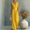 thumbnail image 2 of JFGHDG Women's Sleeveless Deep V Neck Ruched Wide Leg Jumpsuit Long Romper with Pockets Yellow M, 2 of 7