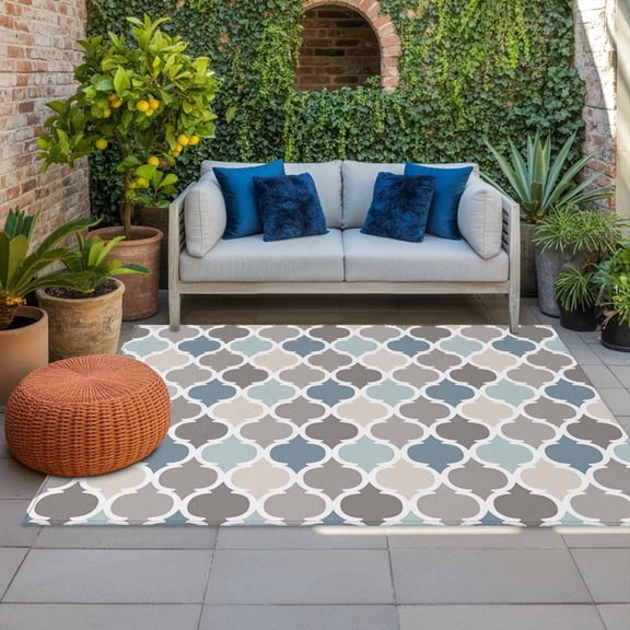 Outdoor Rug 5x8ft Retro Moroccan Lattice Large Area Rug Geometric Classic Quatrefoil Trellis Indoor Outdoor Carpet Outdoor Rugs Mats for Patio Camping,RV,Front Door, Outside Decor