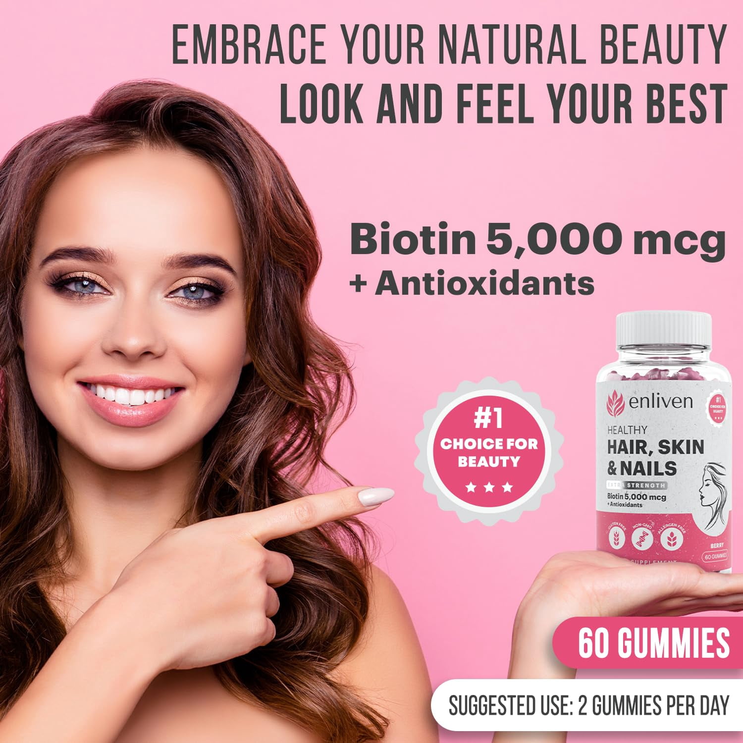 Enliven Biotin Hair Skin and Nail Supplements | Biotin Gummies Vitamins | Berry Flavor (60 Gummies)