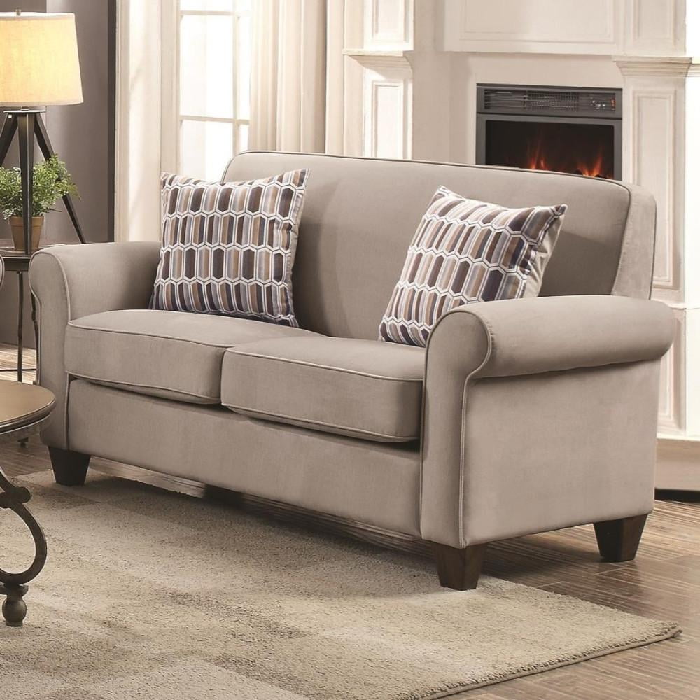 Contemporary Wood & Fabric Loveseat With Rolled Arms, Light Gray