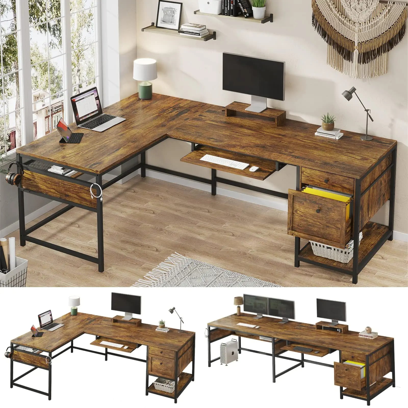 SEDETA 69" L Shaped Desk with File Drawers, Reversible L Shape Computer
