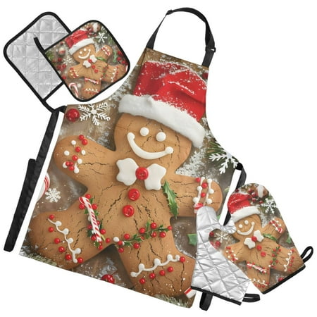 Ryvnso Funny Gingerbread Man Kitchen Apron Oven Mitts Set Pot Holders