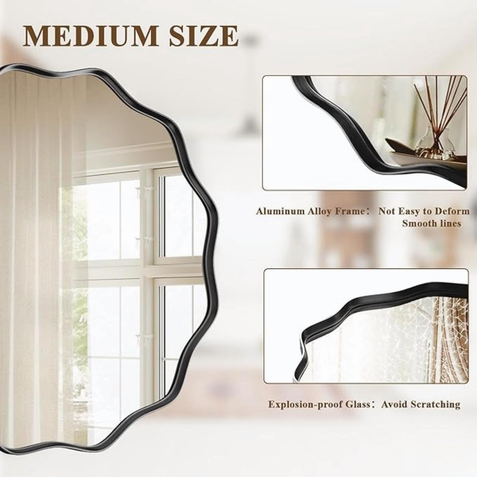 AUROMIR 36" Wavy Round Bathroom Mirror Wall Mounted Mirror Vanity Mirror with Metal Frame, Black