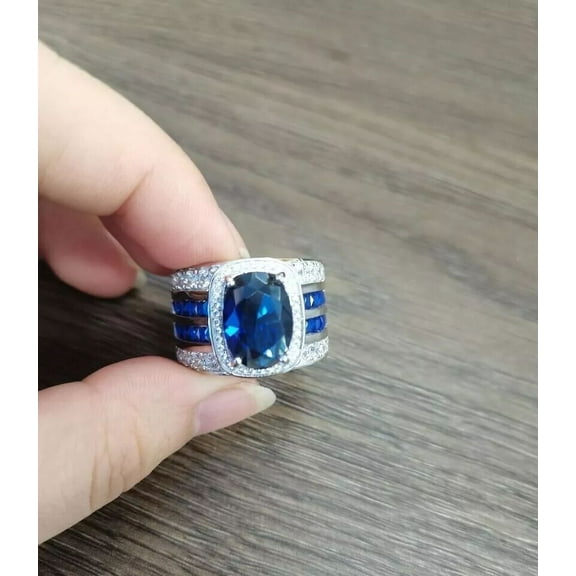 Oval Cut Simulated Sapphire Men's Stunning Fancy Band Ring 14k White Gold Plated