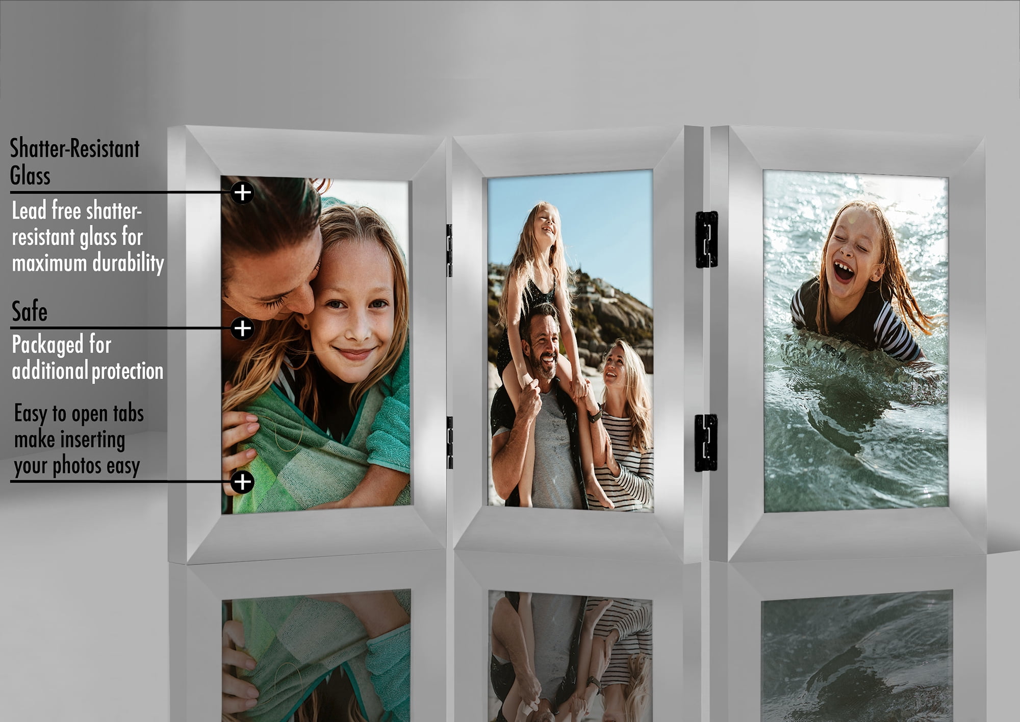 Americanflat Hinged 3 Photo Frame in Nickel Color MDF - Desk Photo Frame for 5X7" Photos - Tri Folding Picture Frame For Desk - Displays 3 Photos with Shatter-Resistant Glass Covers