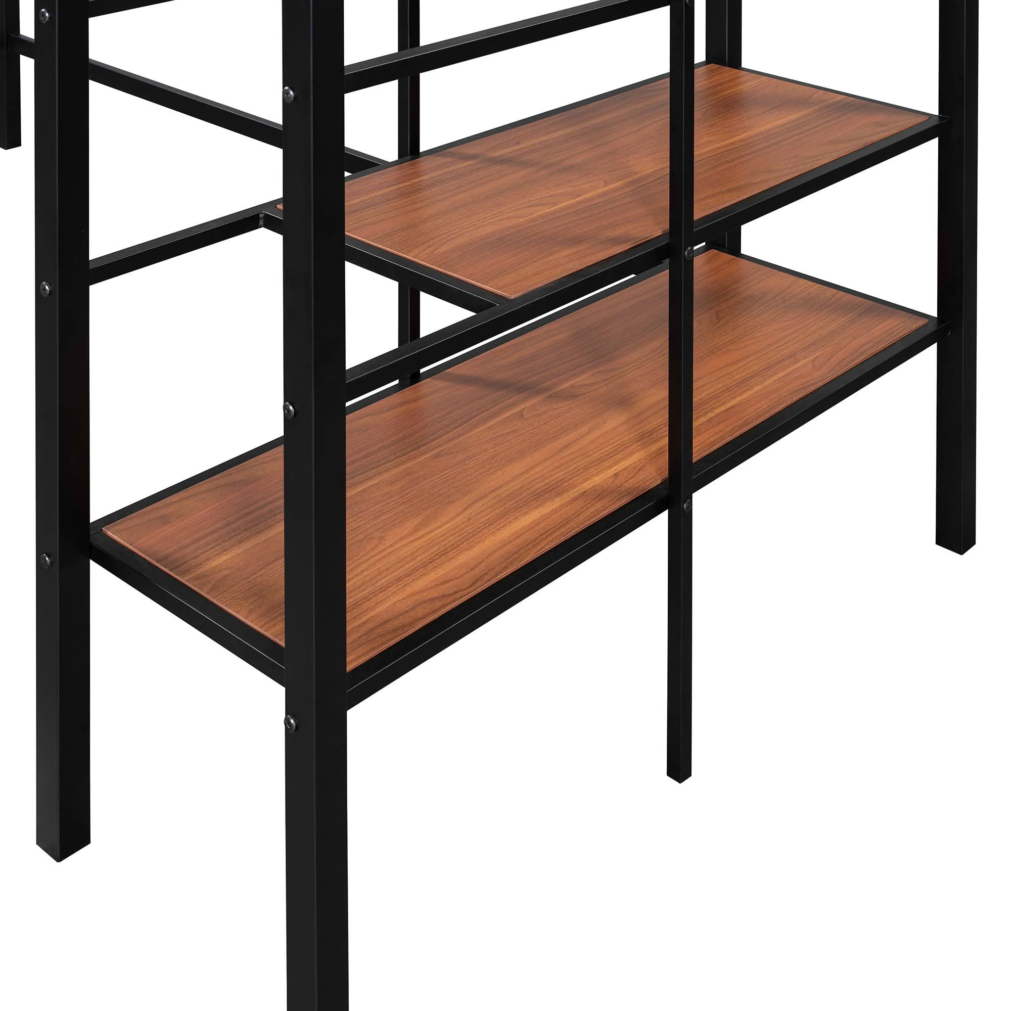 MAYEERTY Chrome Finish Metal Loft Bed with 4-Tier Ladder Shelves and Top Storage Grid, Sturdy Space-Saving Bed Frame No Box Spring Required