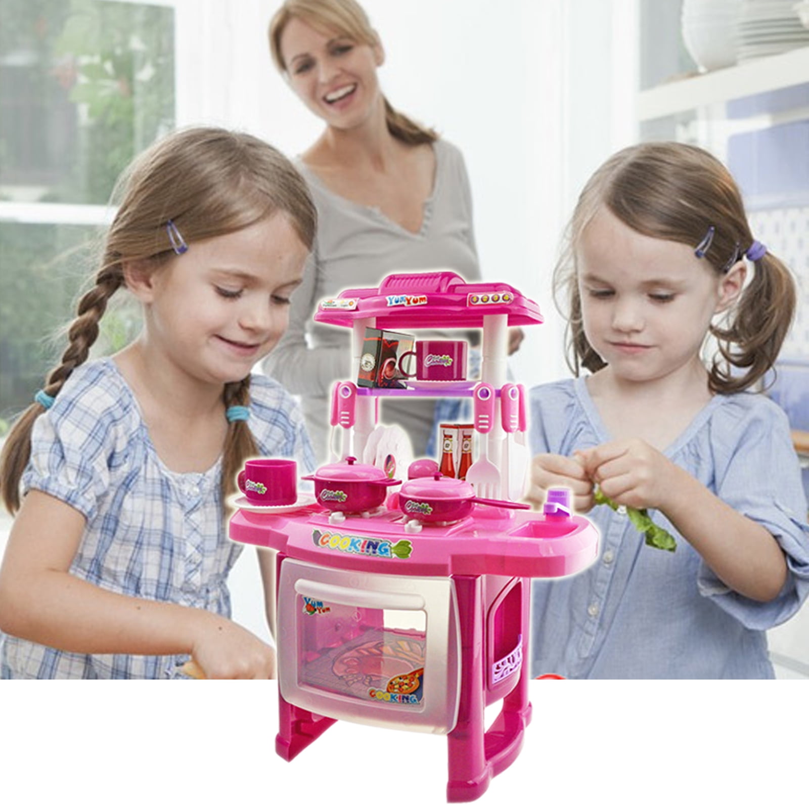 Kids Children Kitchen Pretend Play Toys Cooking Cookware Set Pink 11pcs 