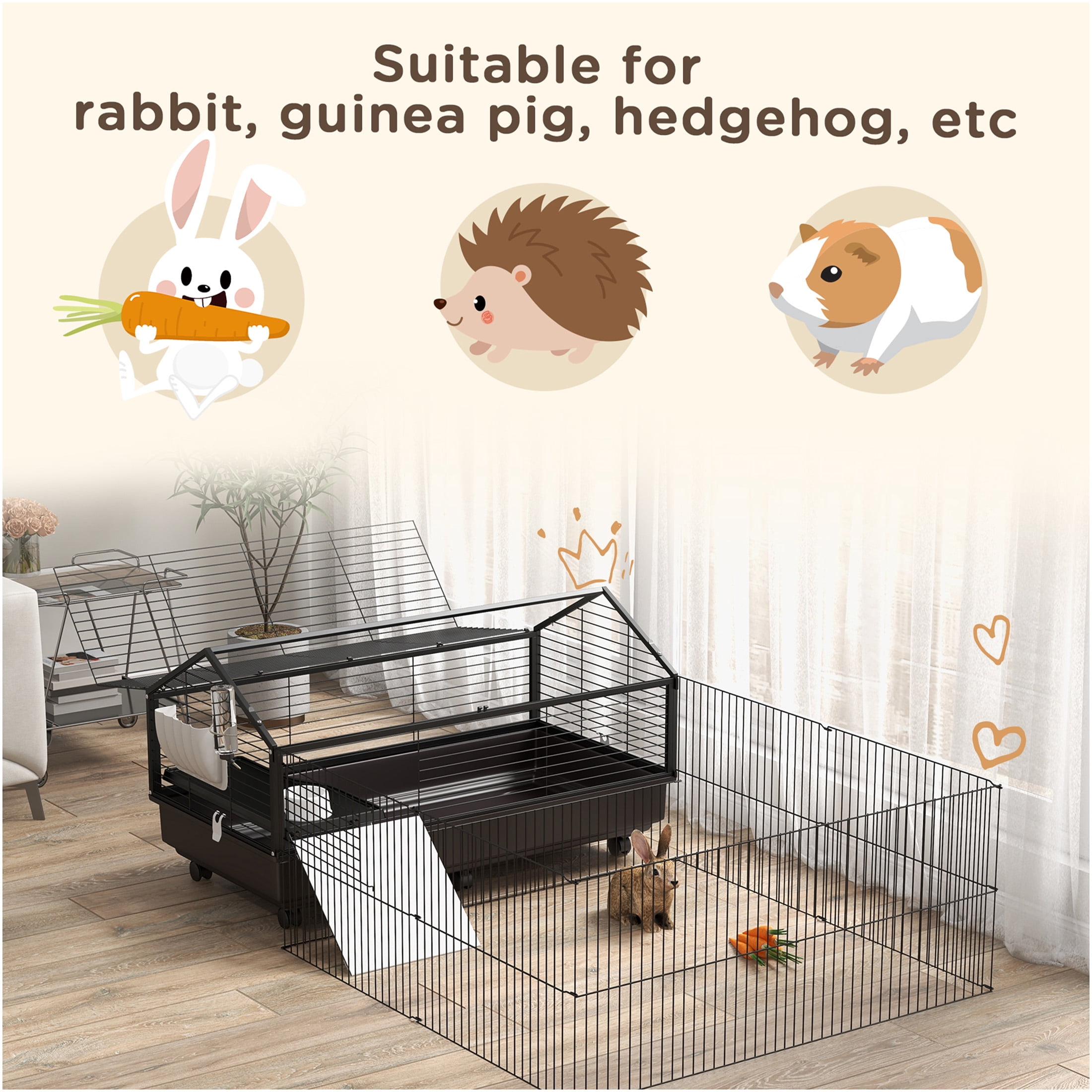 JERFIT 46.5" Small Animal Cage with Playpen, Foldable & Rolling Guinea Pig Hutch with Water Bottle, Food Bowl, Ramps for Rabbits, Hedgehogs