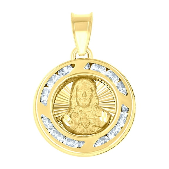 14k Two-tone Gold Unisex Cz Textured Sacred Heart of Jesus Religious Charm Pendant for Men Women