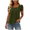 thumbnail image 3 of ClodeEU Women's Square Neck Short Sleeve Pleated Blouse,Casual Loose Fit Solid Top Army Green,Women's Plus L, 3 of 9