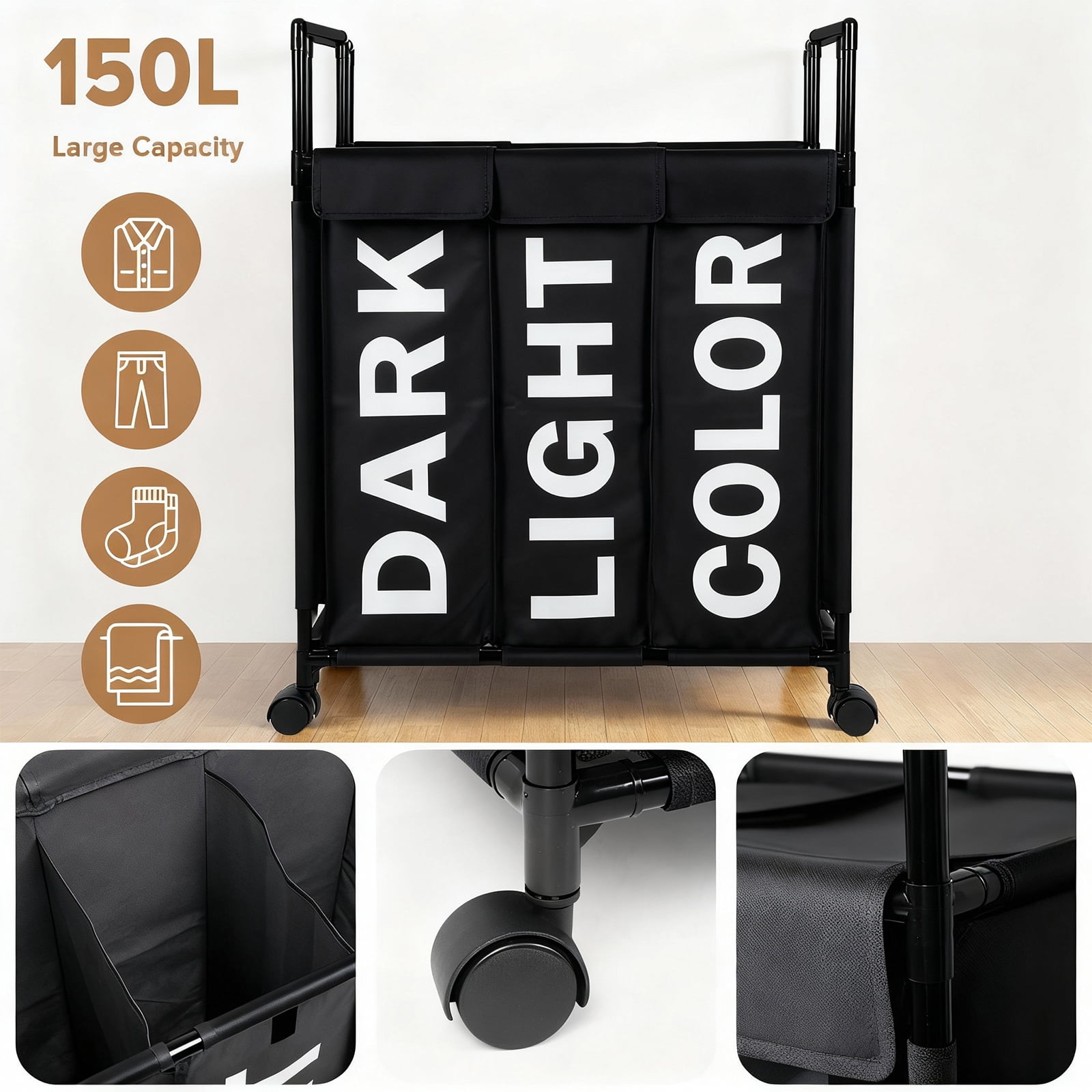 3 Section Laundry Basket with Wheels and Lids, 150L Rolling Laundry Hamper with Handle, Sorter for Clothes Toys Sundries (Black)