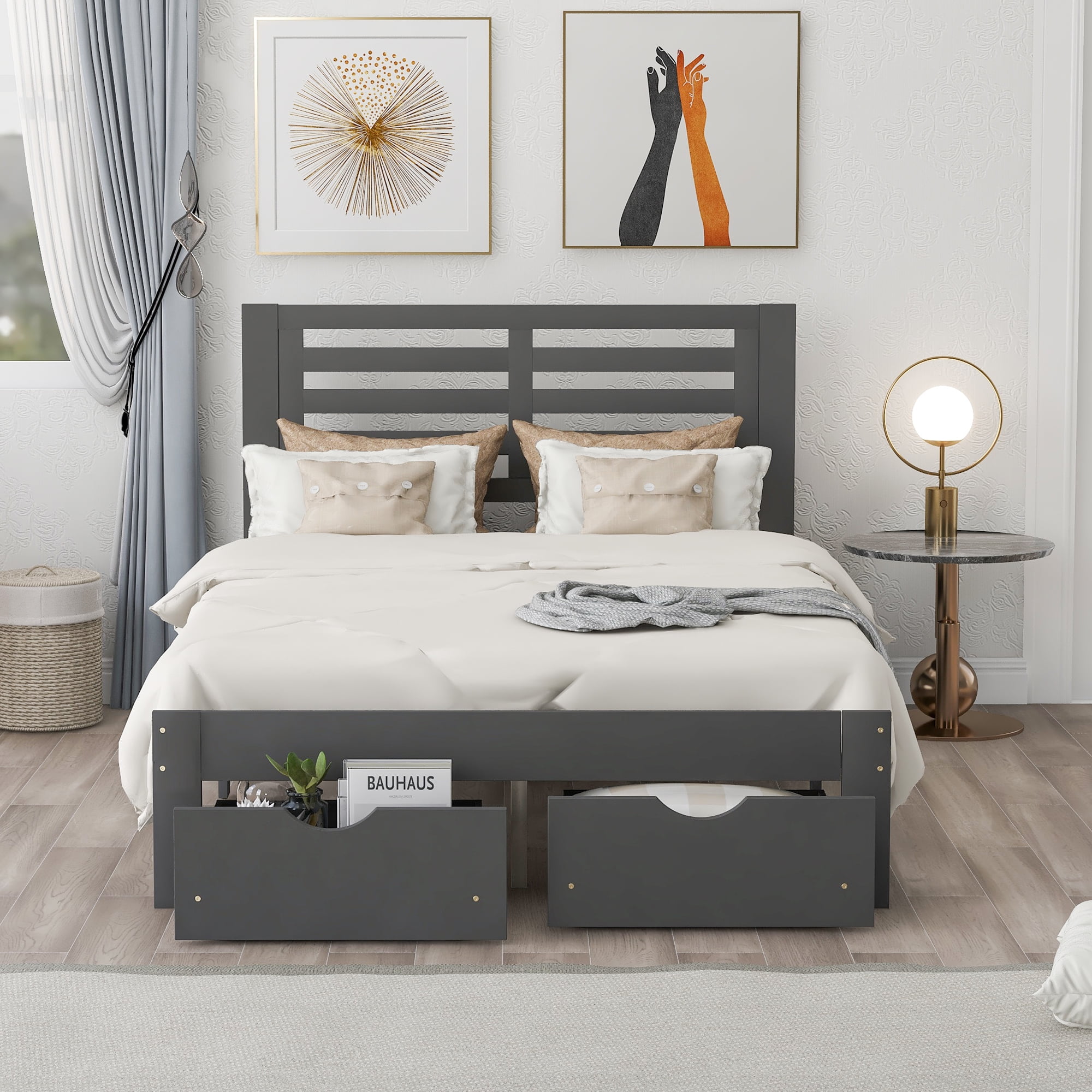 paproos Full Bed with Storage, Heavy Duty Wood Platform Bed Frame with