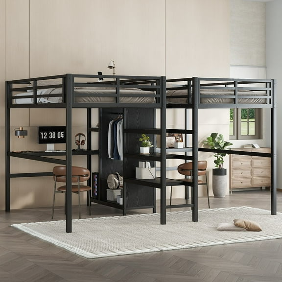 Twin Over Twin Metal Loft Bed with Double Desk and Wardrobe and Shelves with Electrical Outlet