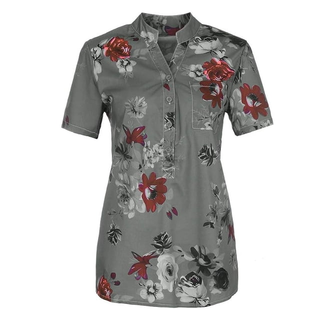 Blusa de gasa para mujer, cuello en V, manga corta, blusas con estampado floral
