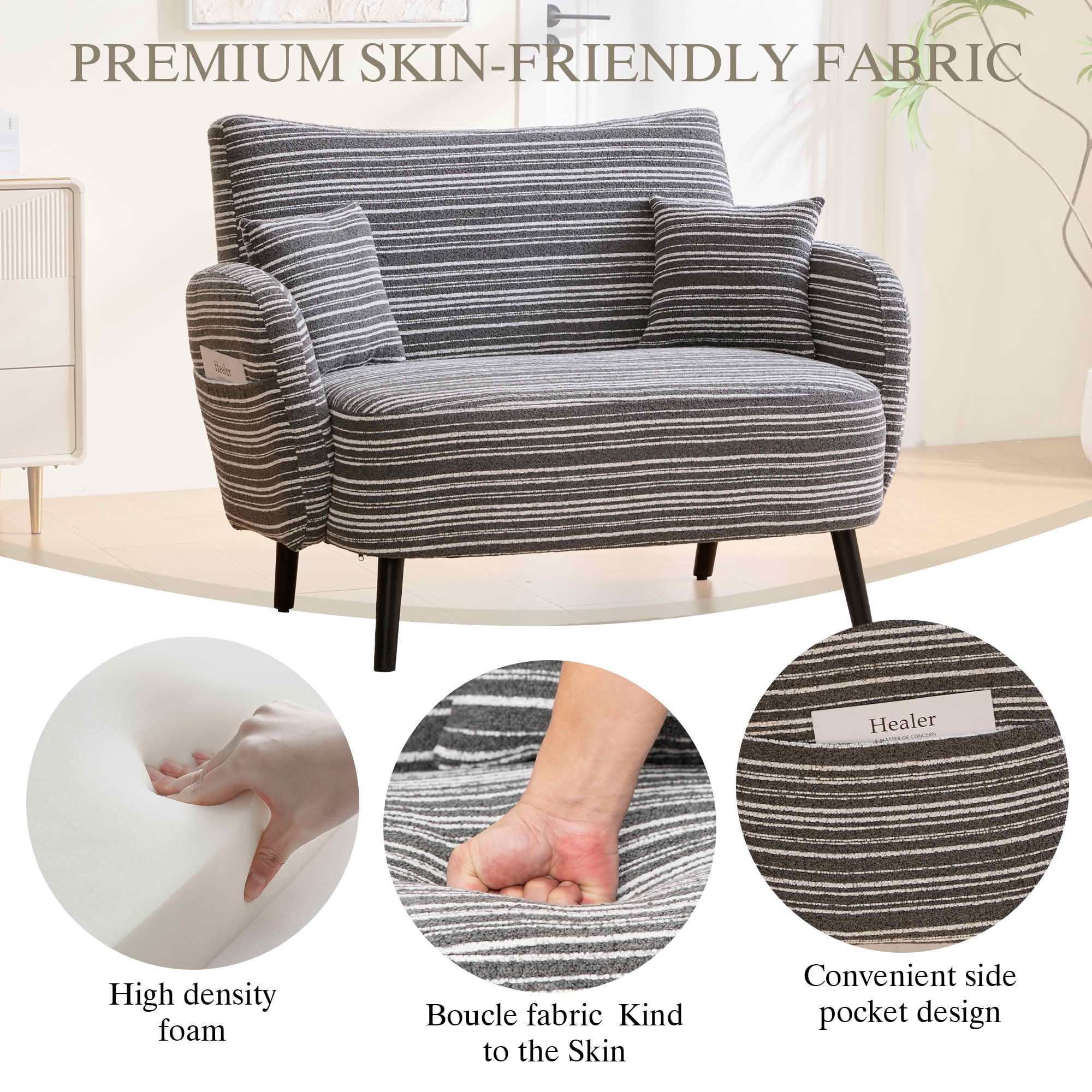 MAYEERTY Modern 2-Seat Deep Seat Loveseat, Fabric Couch with Storage Pockets & Arm Pillows for Small Apartment Bedroom