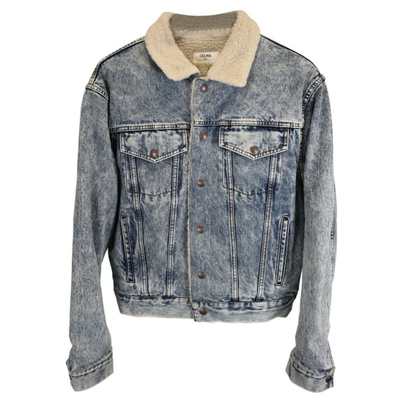 Pre-Owned Celine Oversized Shearling-Lined Bleached Denim Jacket in Light Blue Cotton
