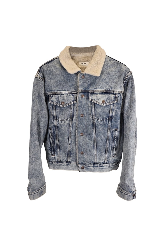 Pre-Owned Celine Oversized Shearling-Lined Bleached Denim Jacket in Light Blue Cotton