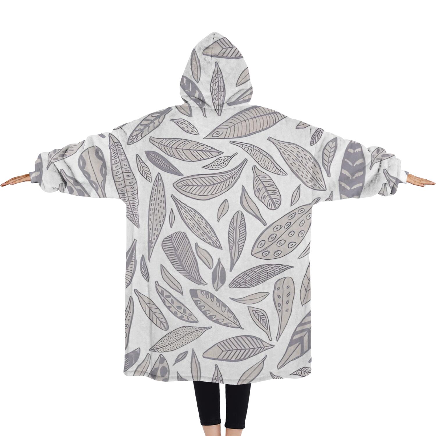 Oversized Wearable Blanket Hoodie,Light Grey Leaf Like Pattern Sherpa Blanket Hoodie with Super Pockets,Super Warm Fuzzy Pullover for Women & Men