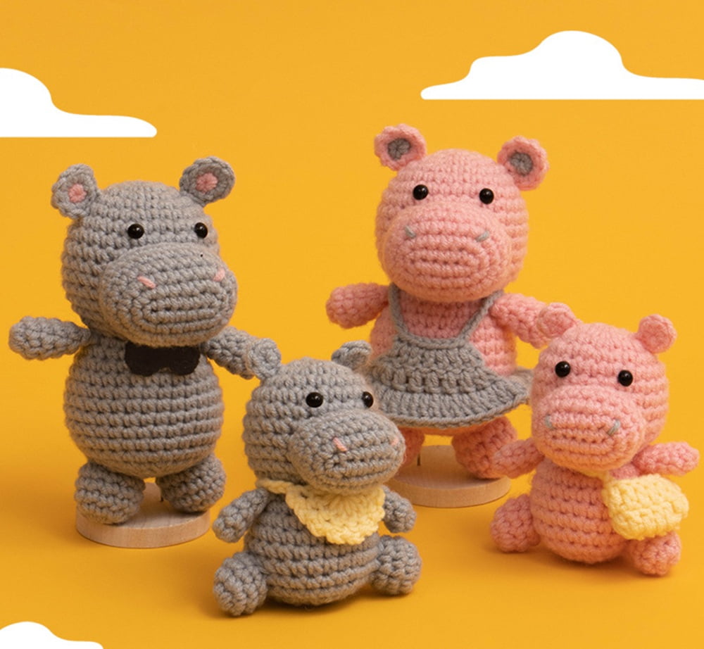 Hippo Family Crochet Kit for Beginners, Amigurumi Starter Set with Yarn, Hooks & Step-by-Step Video Tutorials, TIKA