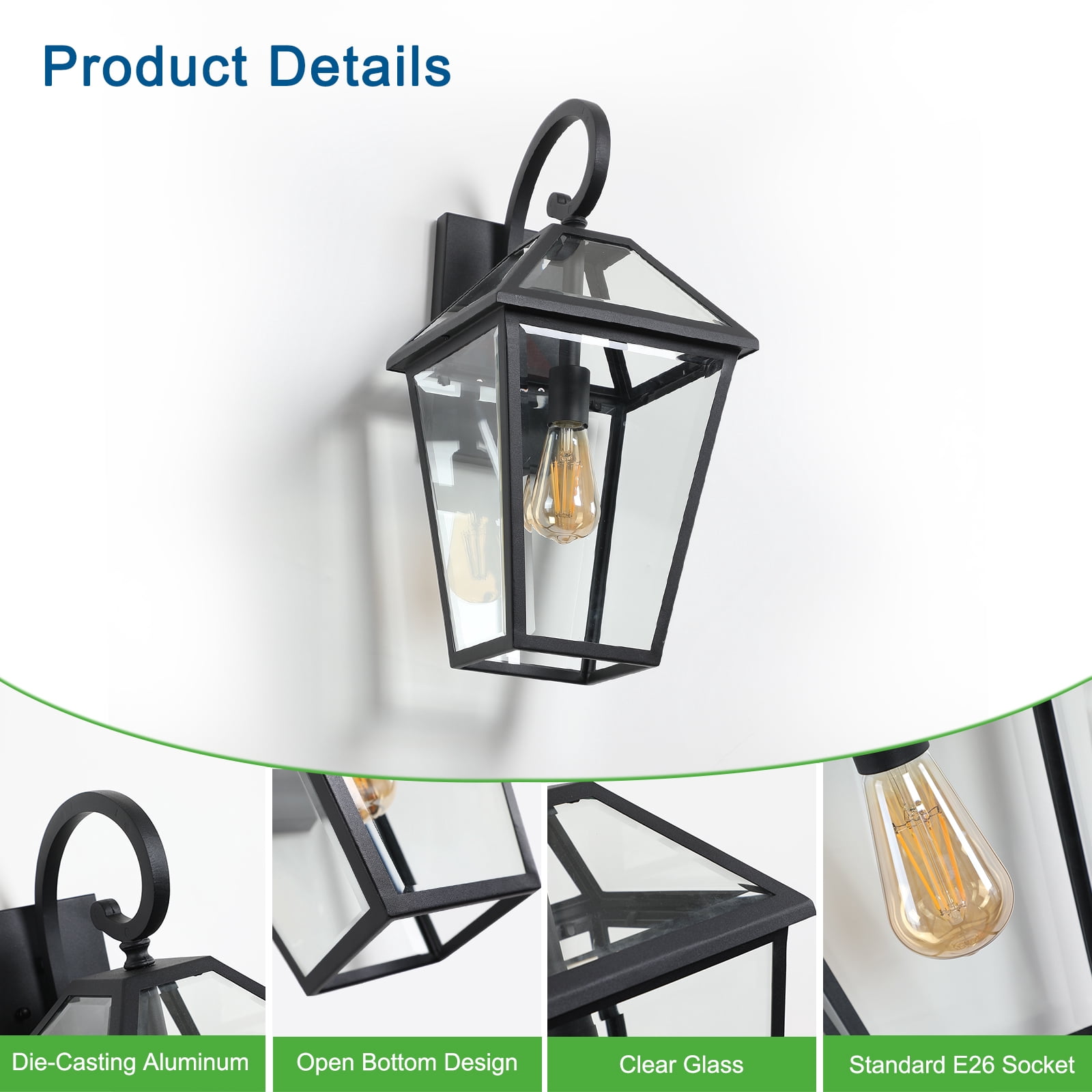 Outdoor Wall Lantern Light 21 Inch H Set of 2, Black Metal Clear Glass Sconce for Porch Patio Garden, Black