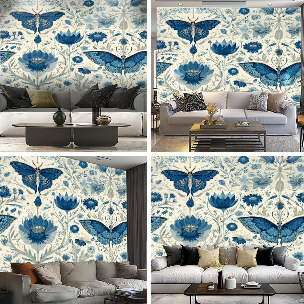 Peel and Stick Wallpaper Dusky Neutrals Stylized Flowers Butterfly Motif Floral Petals Curved Modern Art Wall Mural Decor Self Adhesive and Removable 69in x 98in