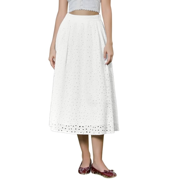 Summer Boho Skirts for Women High Waisted A Line Flowy Eyelet Midi Skirts XS White