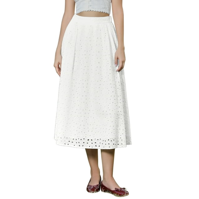 Summer Boho Edition Skirts for Women High Waisted A Line Flowy Eyelet Midi Skirts S White