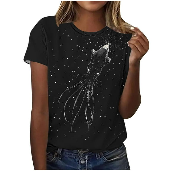 Womens Print Shirts Tee Summer Short Sleeve Shirts Crew Neck Tunic Tops Ocean Animal Pattern Tee Shirts Dressy Cute Tunic Blouses Going Out Clothing