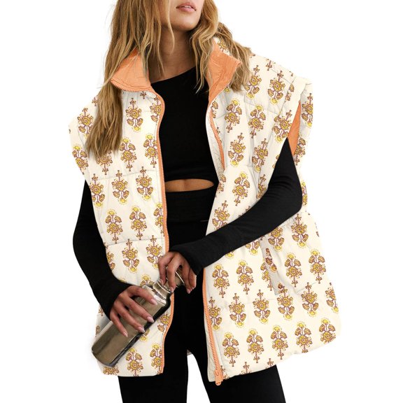 Women Floral Printed Puffer Vest Stand Collar Zip‑Up Sleeveless Quilted Jacket with Pockets