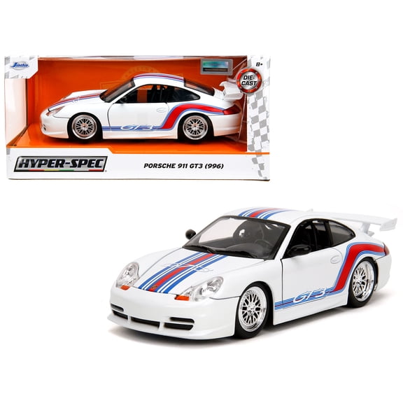 Porsche 911 GT3 (996) White with Red and Blue Stripes "Hyper-Spec" Series 1/24 Diecast Model Car by Jada