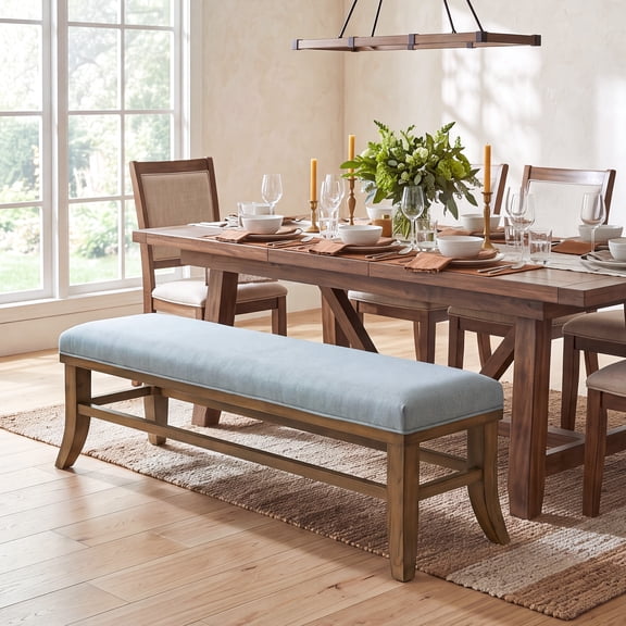 Finmind Solid Wood Upholstered Dining Bench, 55 inch Padded Long Bench Linen Entryway Bench for 2-3 Person for Dining Room, Light Gray and Brown