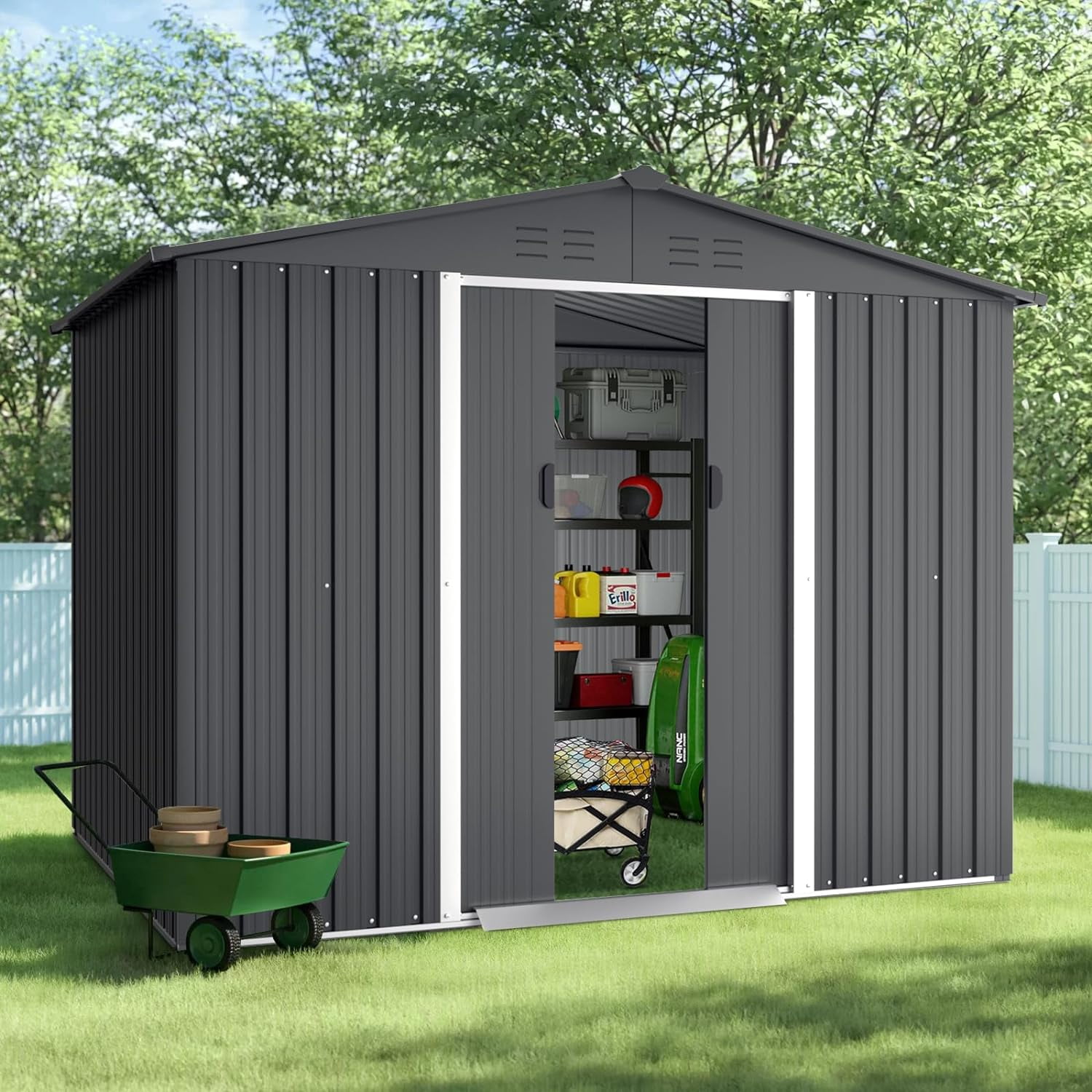 SOLAURA 8'x6' Outdoor Metal Storage Shed Garden Tool Storage Shed with Sliding Double Door - Gray