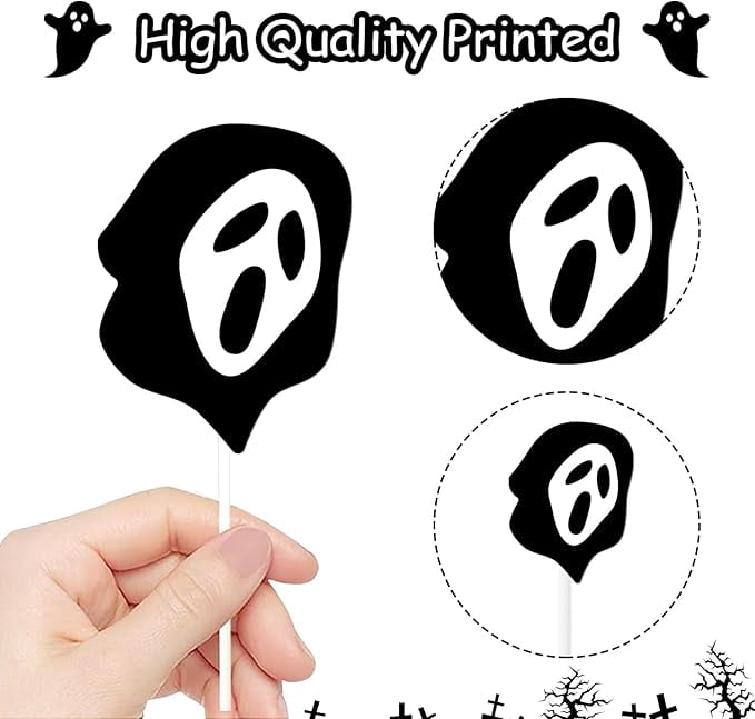 24PCS Halloween Horror Movie Cupcake Toppers Halloween Party Decorations Black Ghost Cupcake Toppers Scary Movie Themed Cake Decorations for Halloween Horror Movie Themed Party Decor Supplies